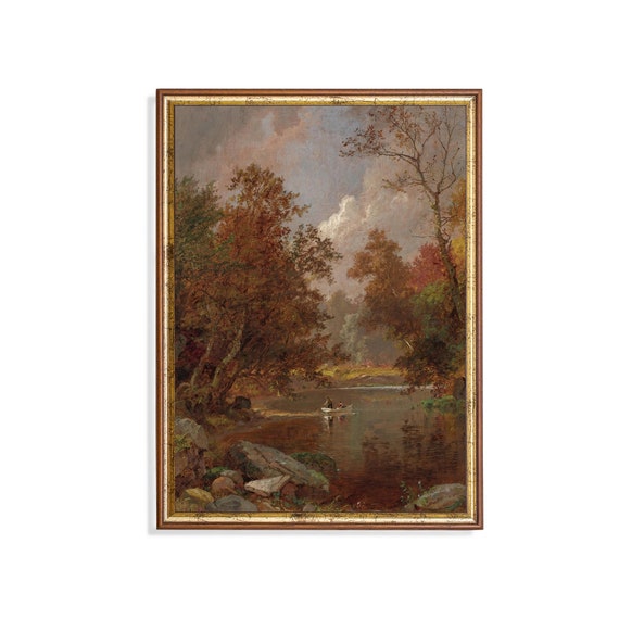 Vintage Autumn Riverscape Art Print, Rustic Landscape