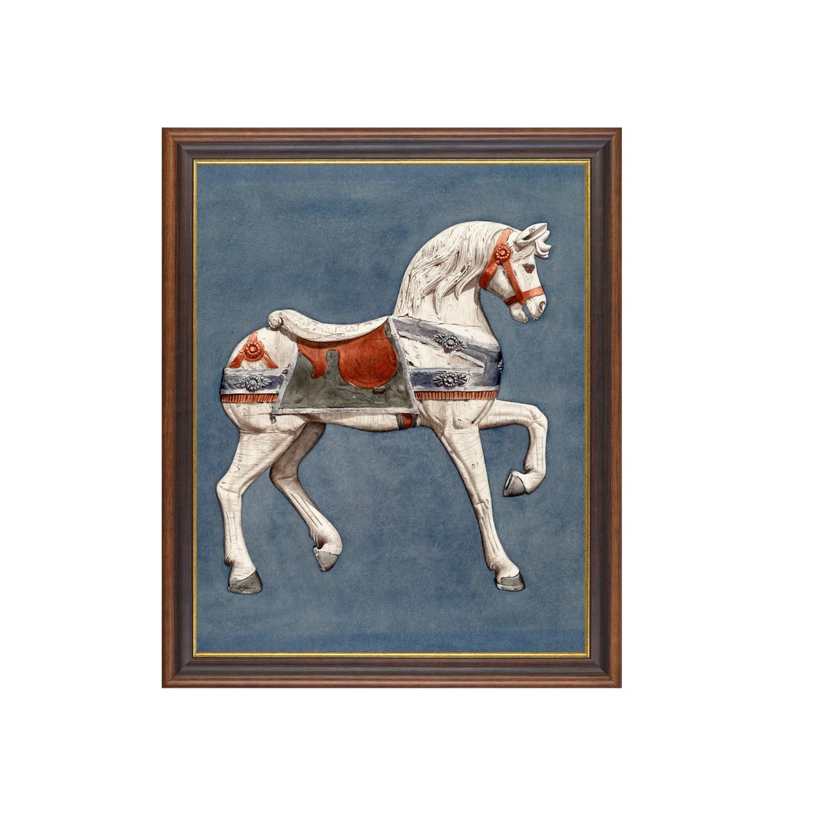 White Carousel Horse Blue Background Vintage Whimsical Poster