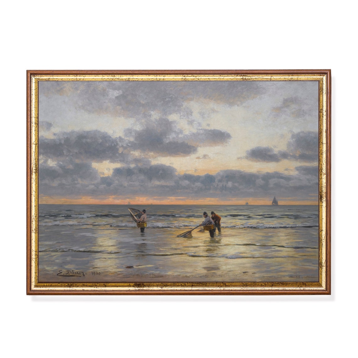 Fishermen Casting Nets at Sunset Vintage Coastal Painting Poster
