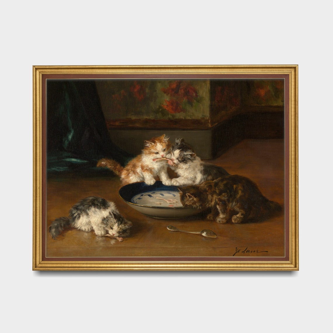 Four Kittens Sharing Bowl of Food Kitchen Table Vintage Cat Poster - Image 3