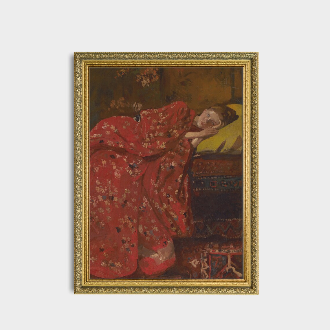 Girl Reclining in Red Floral Kimono Vintage Portrait Painting Poster - Image 3