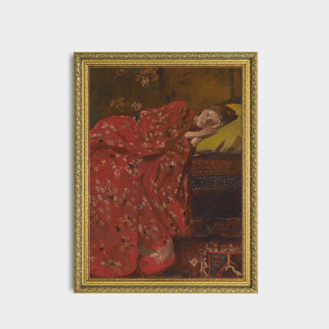Vintage Portrait Painting Girl In Red Kimono Antique Girl Portrait Wall Art 18th Century Fine Art Print - Image 3