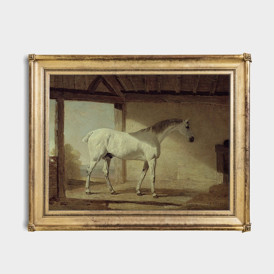White Horse Resting Under an Open Timber Shed Painting Poster - Image 2