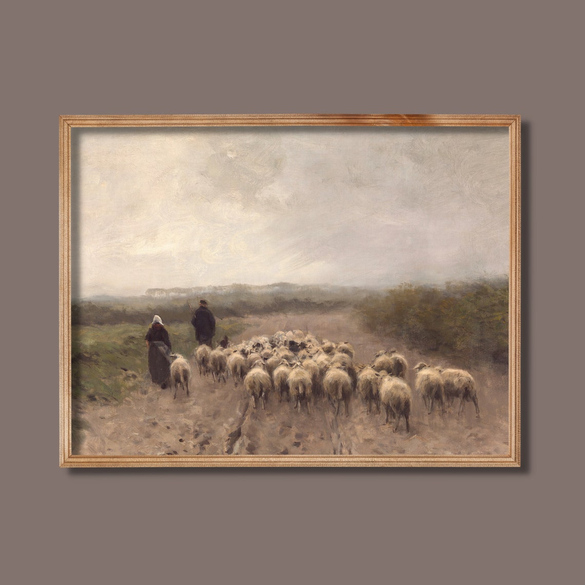 Shepherds Driving Flock of Sheep Down Country Road Painting Poster - Image 3