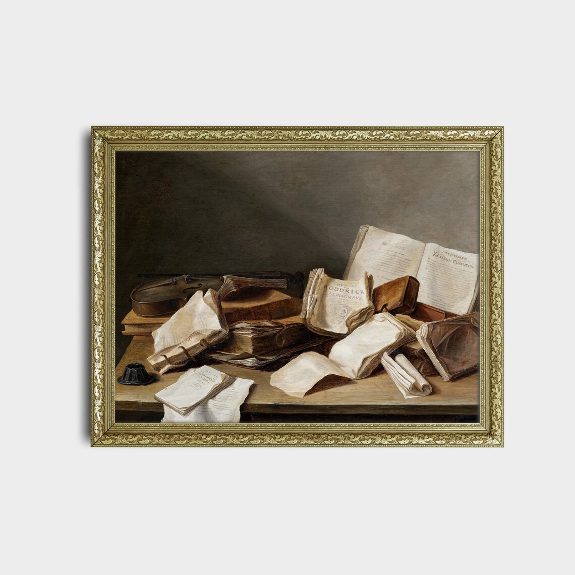 Vanitas Still Life with Antique Books and a Violin Oil Painting Print - Image 2