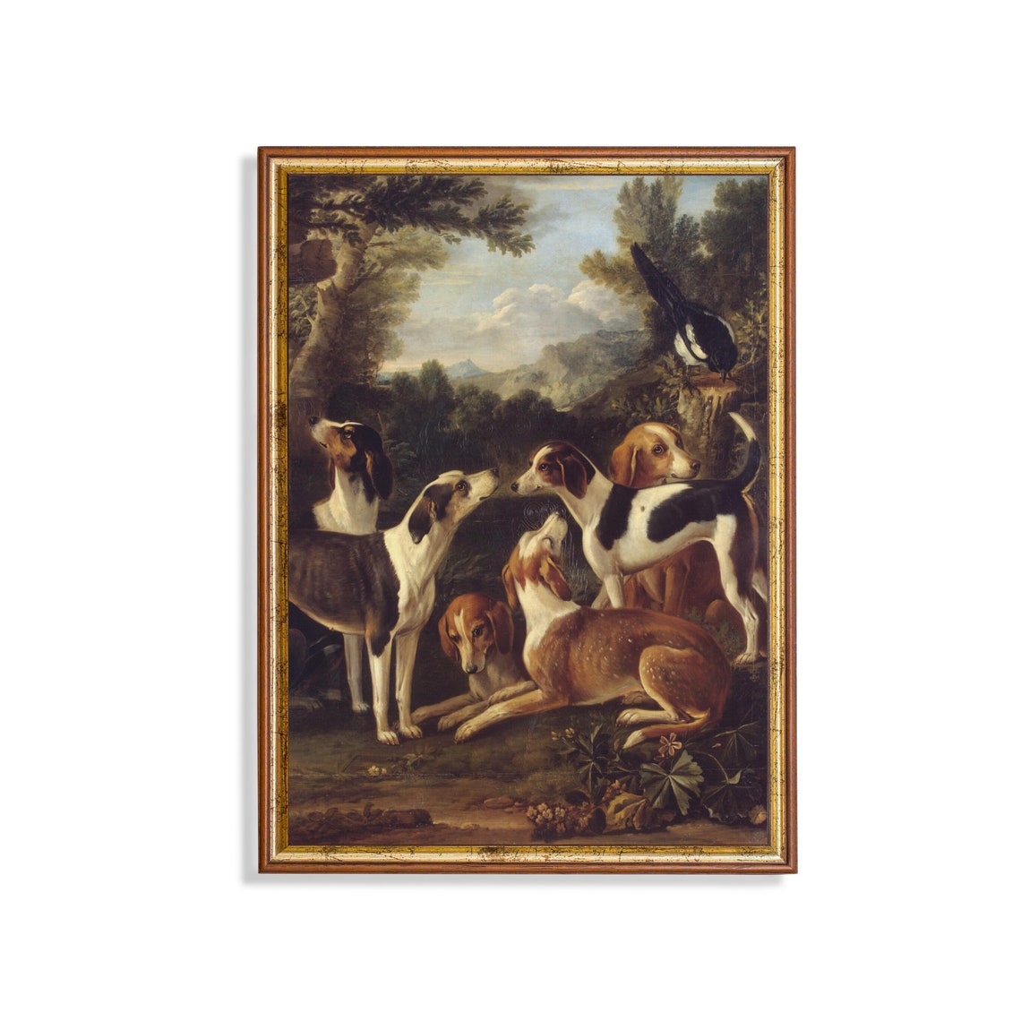Group of Foxhounds with Magpie Woodland Antique Sporting Dog Poster