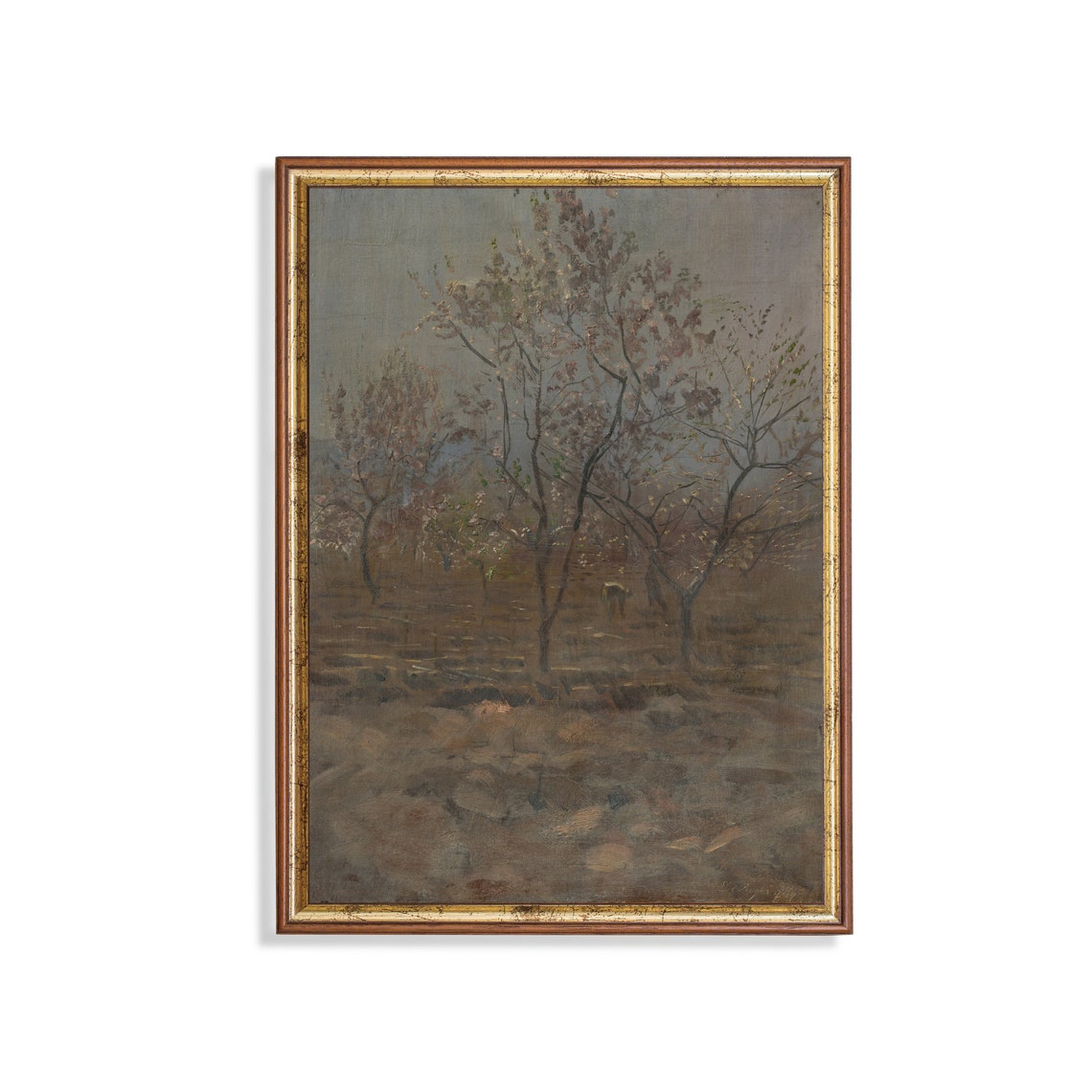 Plowed Field with Blossoming Trees Grey Sky Vintage Landscape Poster