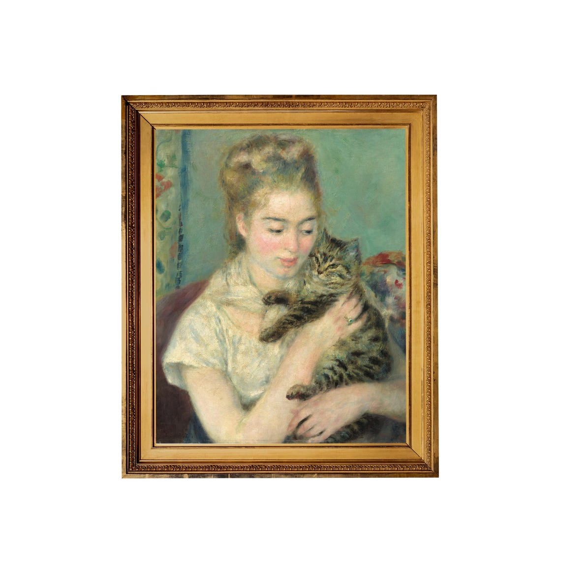 Young Woman Holding a Tabby Cat Impressionist Portrait Poster - Image 5