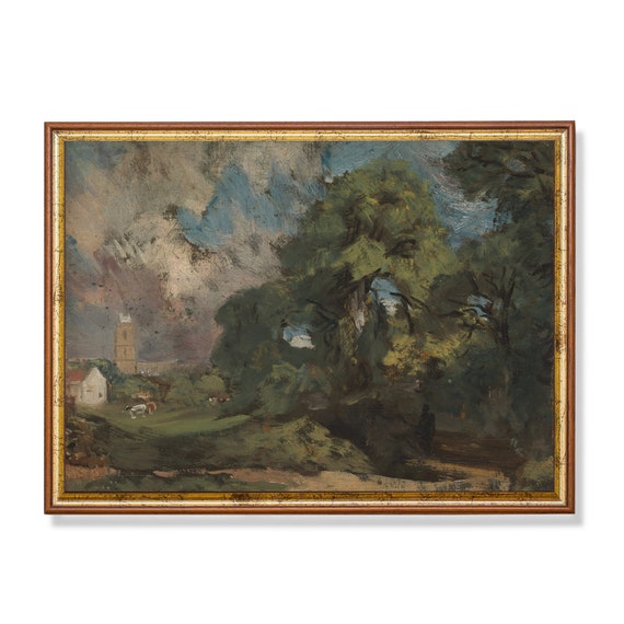Vintage Landscape Painting Antique Country Landscape Moody Rustic Fine Print Wall Art Farmhouse Decor