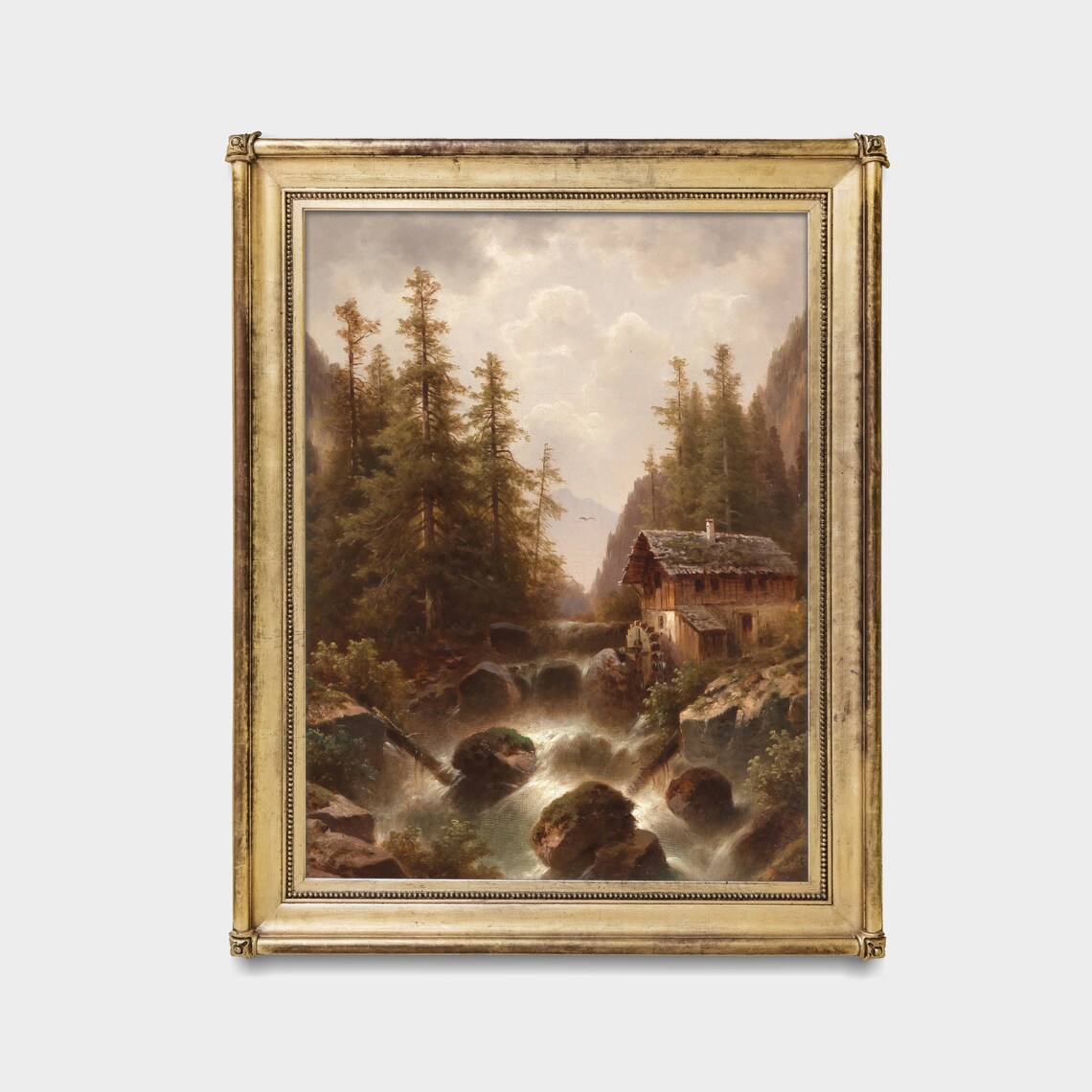 Vintage Mountain Landscape Antique Mill Painting - Image 3