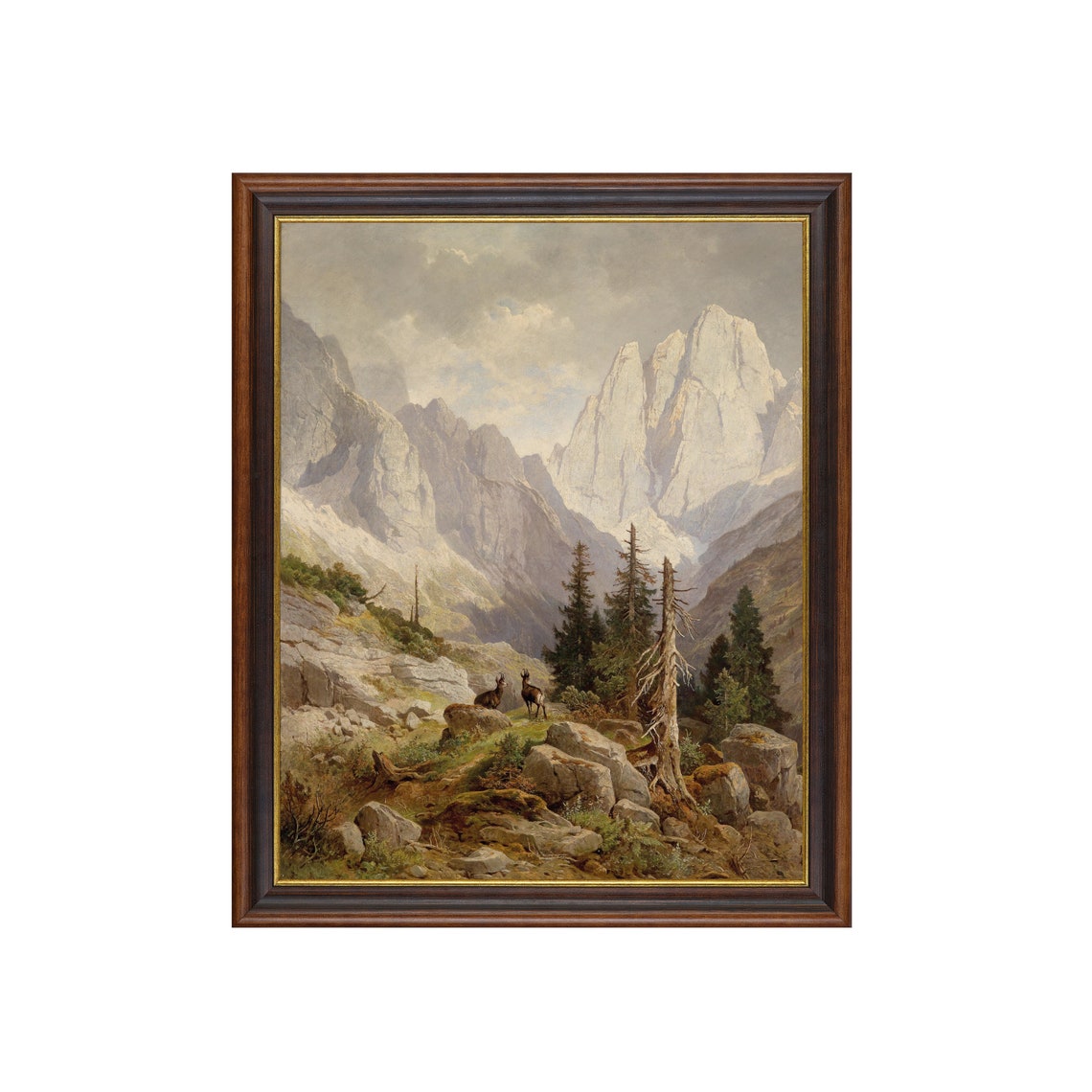 Snowy Alpine Peaks with Deer on Rocky Trail Vintage Mountain Poster - Image 3