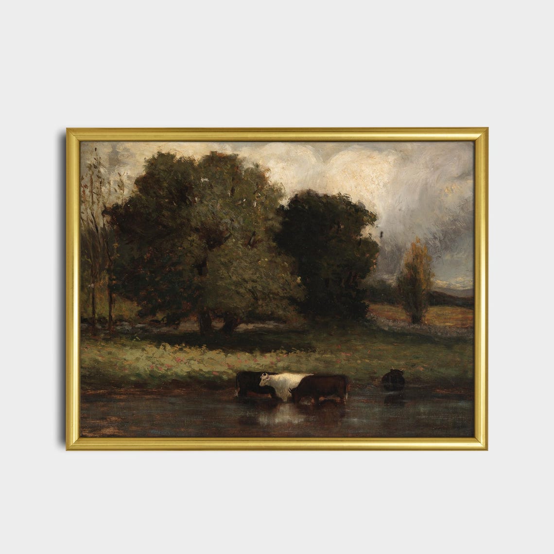 Antique Cows Drinking From Stream Meadow Painting Fine Art Poster - Image 2