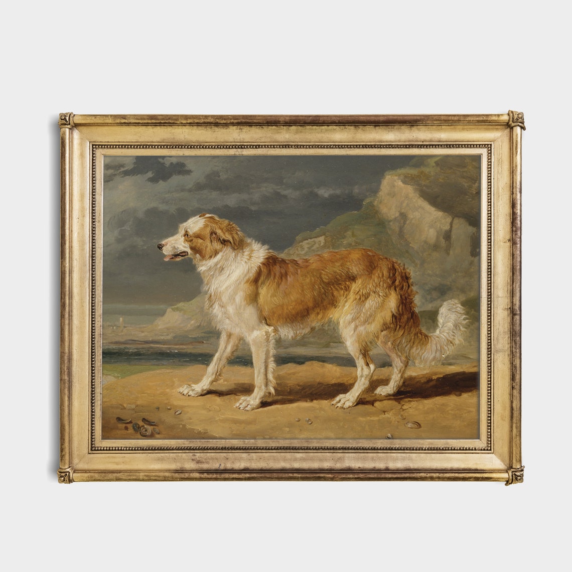 Large Brown and White Dog Standing on a Beach Vintage Coastal Poster - Image 2