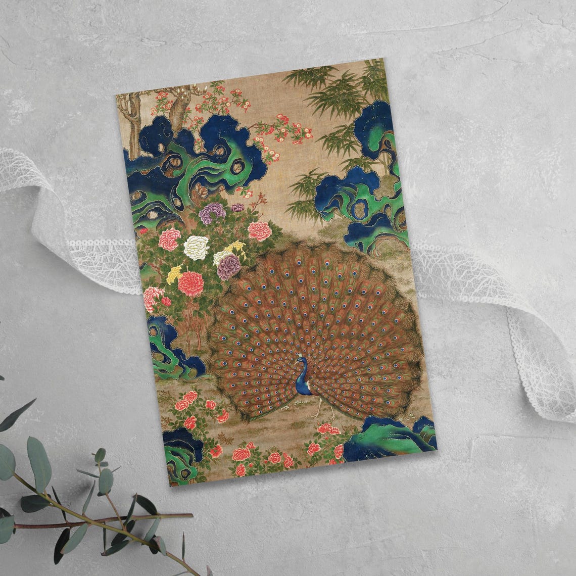 Peacock with Fanned Tail Traditional Chinese Flower Art Poster - Image 3