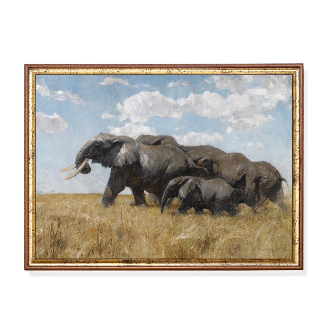 African Elephants Walking Through the Savannah Grass Wall Art
