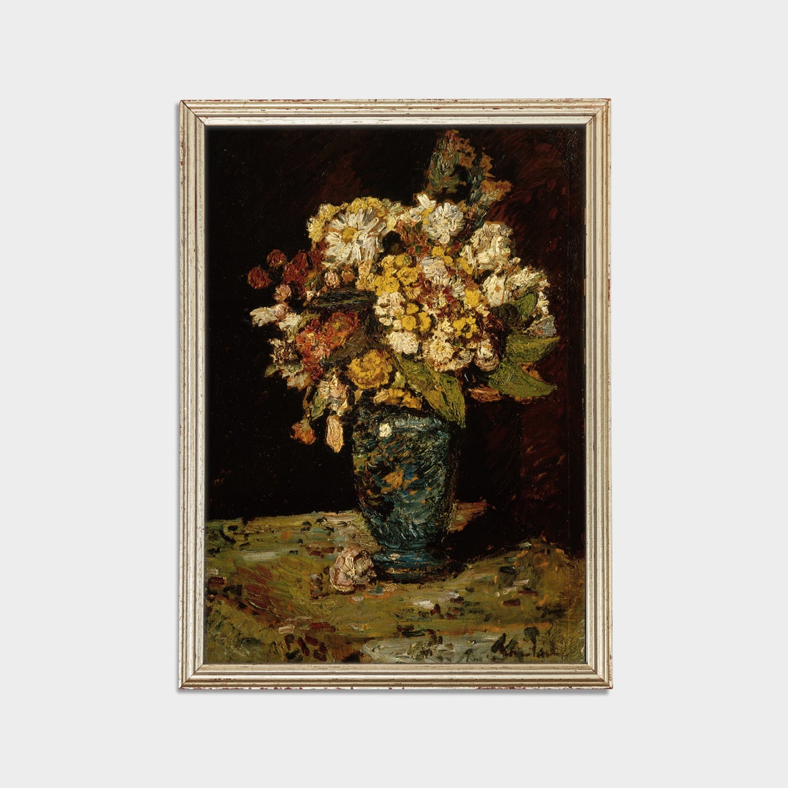 Vintage Still Life With Flowers Antique Floral Painting Fall Home Decor Rustic Moody Fine Art Wall Art - Image 3