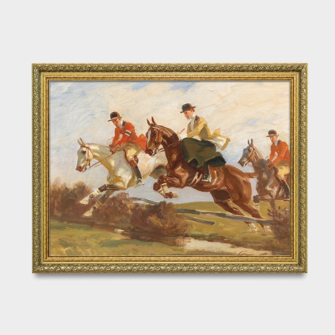 Three Equestrian Riders Jumping The Hedge In Fox Hunt Style Poster - Image 3
