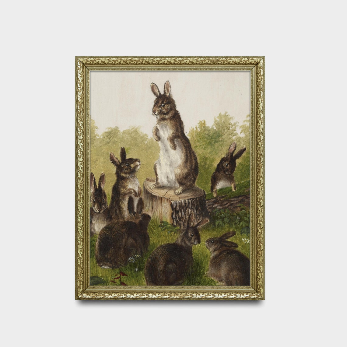 Rabbits Gathering around Tree Stump Vintage Animal Painting Poster - Image 2