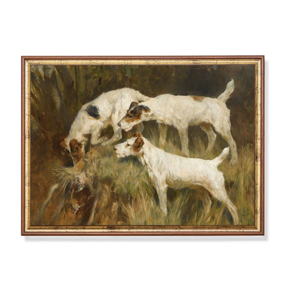 Printed And Shipped Vintage Dog Portrait Antique Animal Painting Moody Rustic Print Dog Lover Gift Fine Art Three Fox Terriers