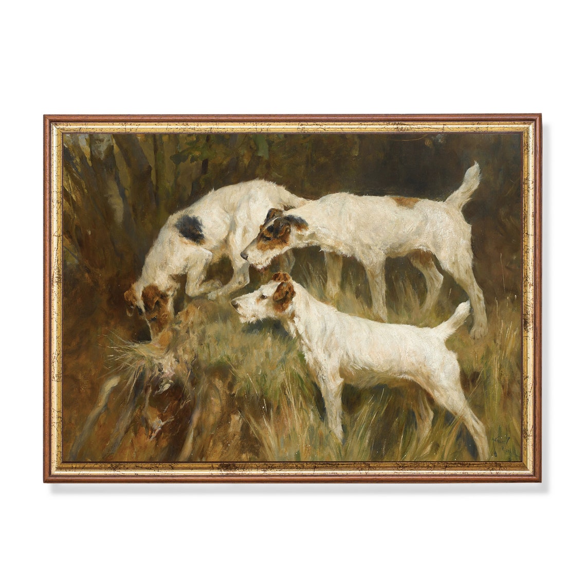 Three Fox Terriers Sniffing at a Burrow in the Dark Woods Poster