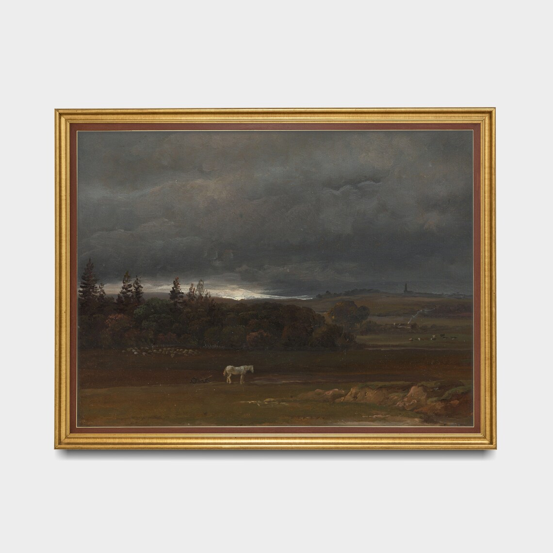Vintage Landscape Painting, White Horse Farmhouse Art Print - Image 5