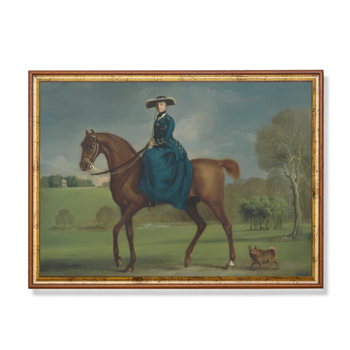 Lady Riding Side Saddle in Blue Habit with Dog Vintage Poster