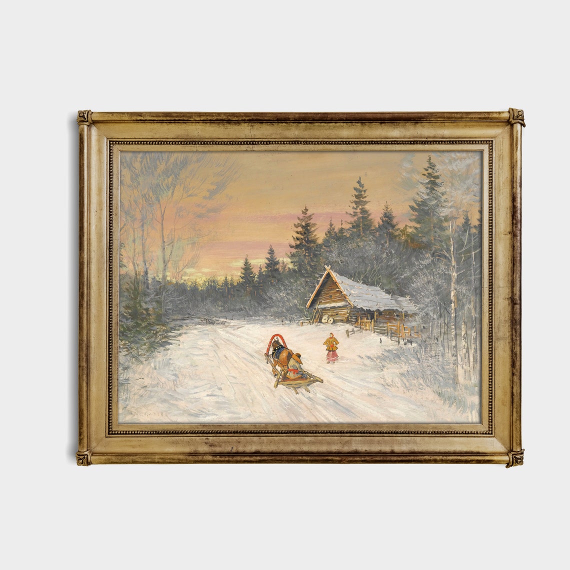 Troika Sleigh Arriving at a Log Hut at Winter Sunset Folk Poster - Image 3