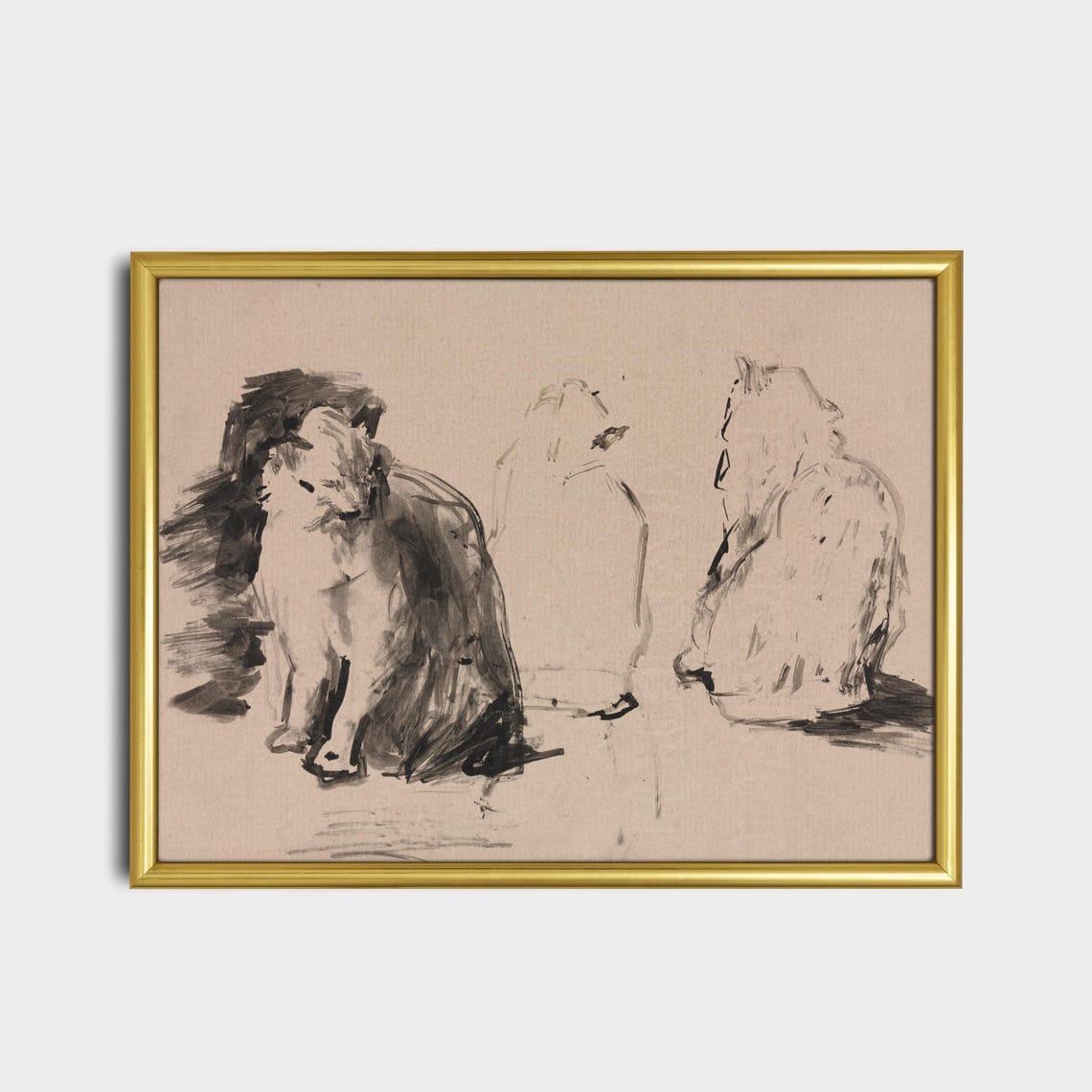 Ink Wash Sketch Study of Two Seated Cats Feline Drawing Poster - Image 2
