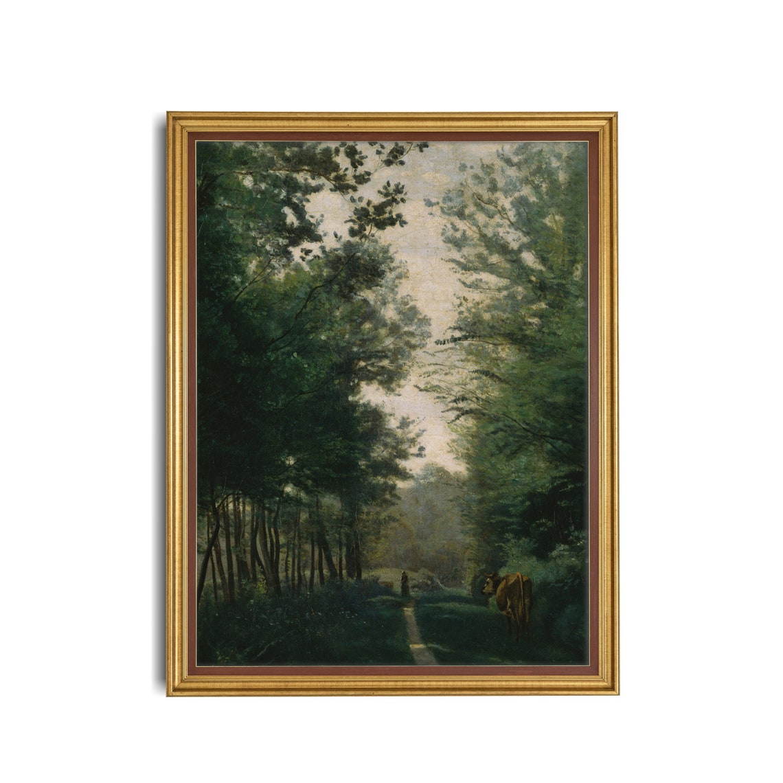 Cow and Herder on a Woodland Path Antique Forest Painting Poster - Image 3