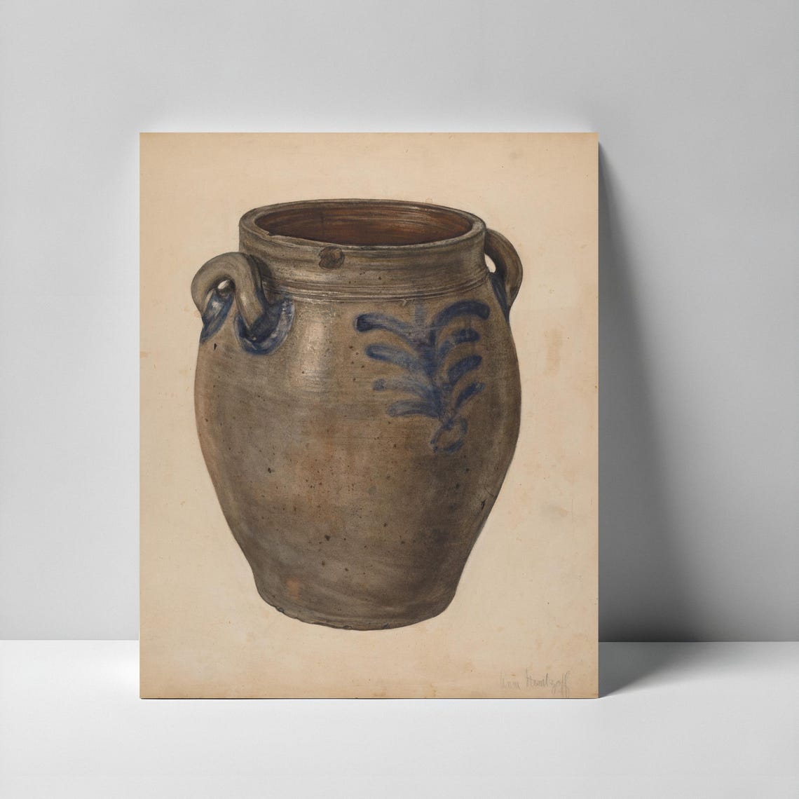Antique Blue Decorated Stoneware Crock Folk Watercolor Art Poster - Image 2