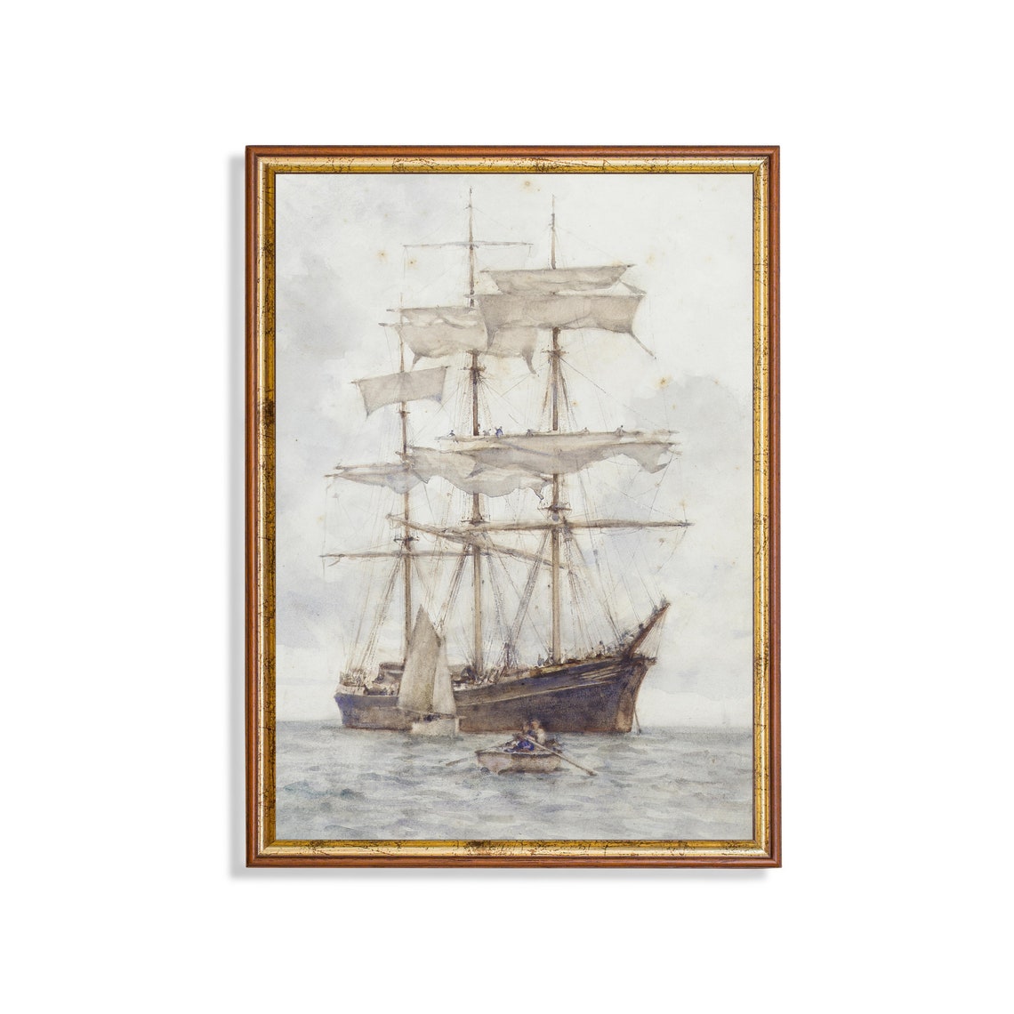 Tall Sailing Ship Pale Watercolor Painting With Rowboat Poster