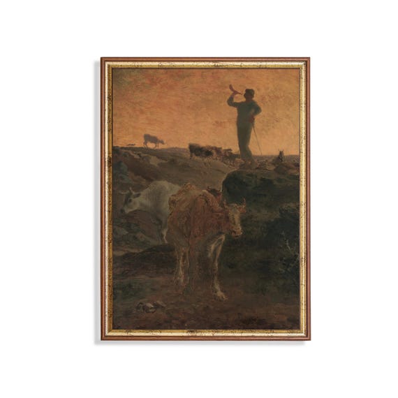Printed And Shipped Cattle In Landscape Vintage Cows Painting Antique Farmhouse Decor Rustic Moody Fine Art Calling Home The Cows