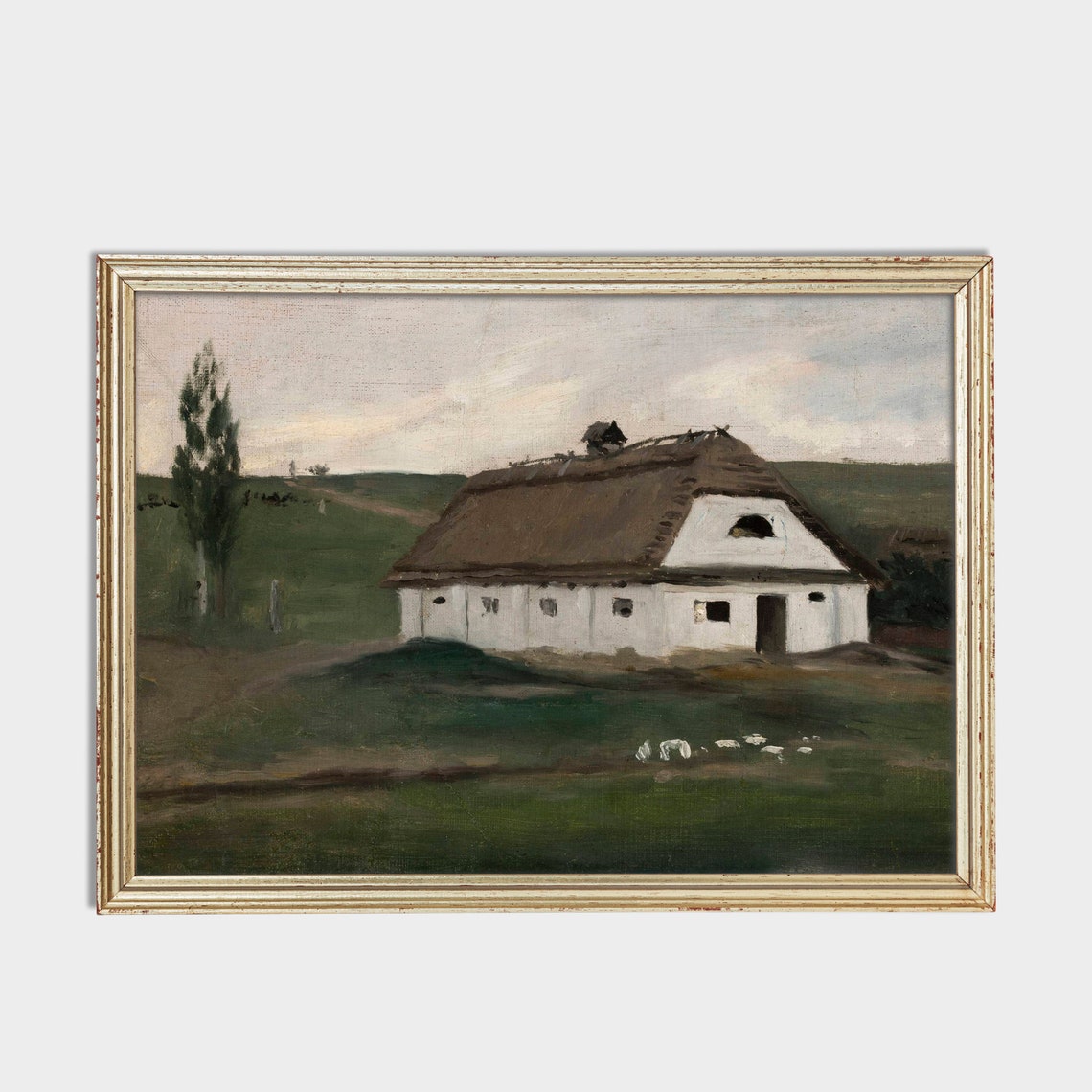 Thatched Roof White Cottage in a Green Country Pasture Poster - Image 2