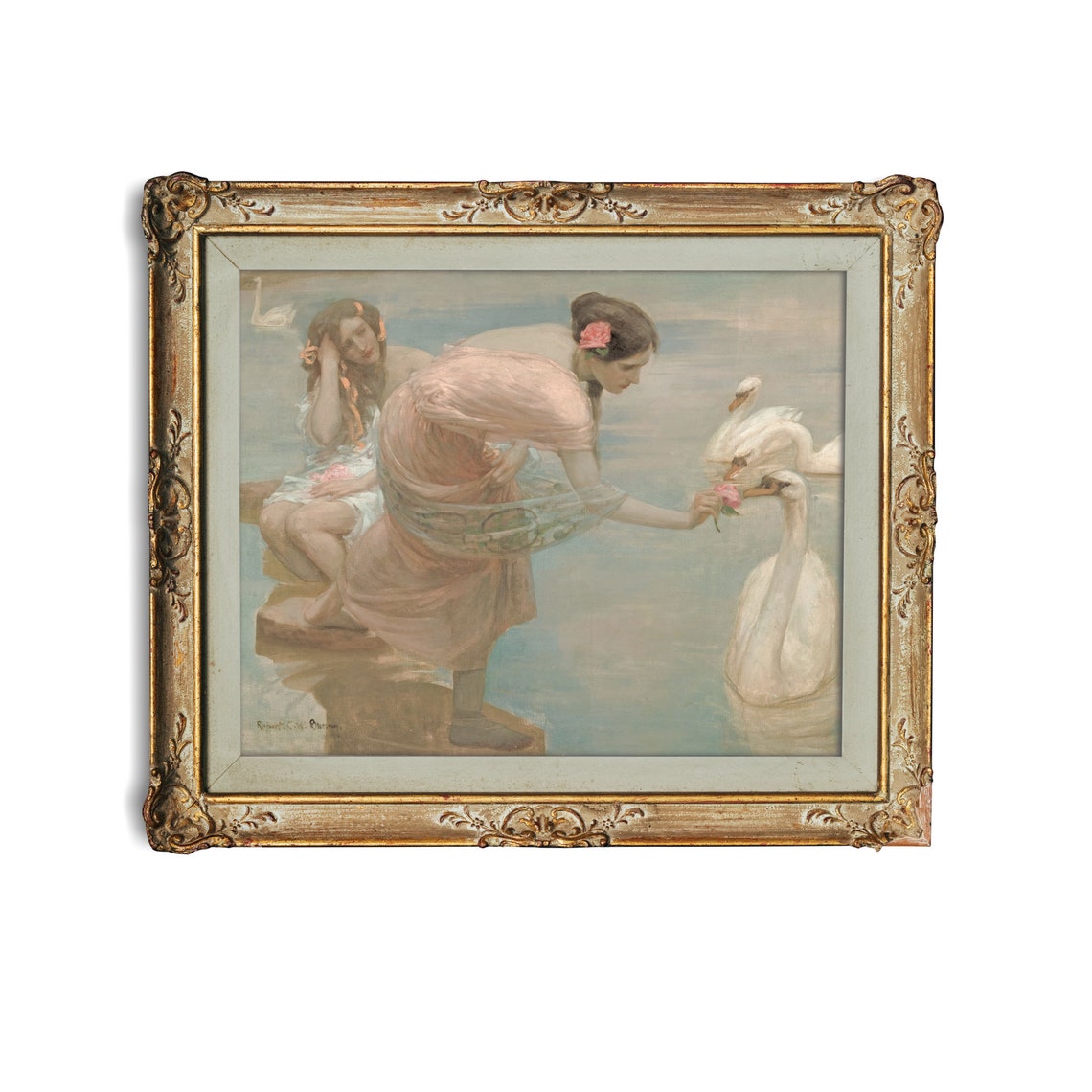 Two Classical Maidens Feeding Swans by the Waters Edge Poster - Image 2