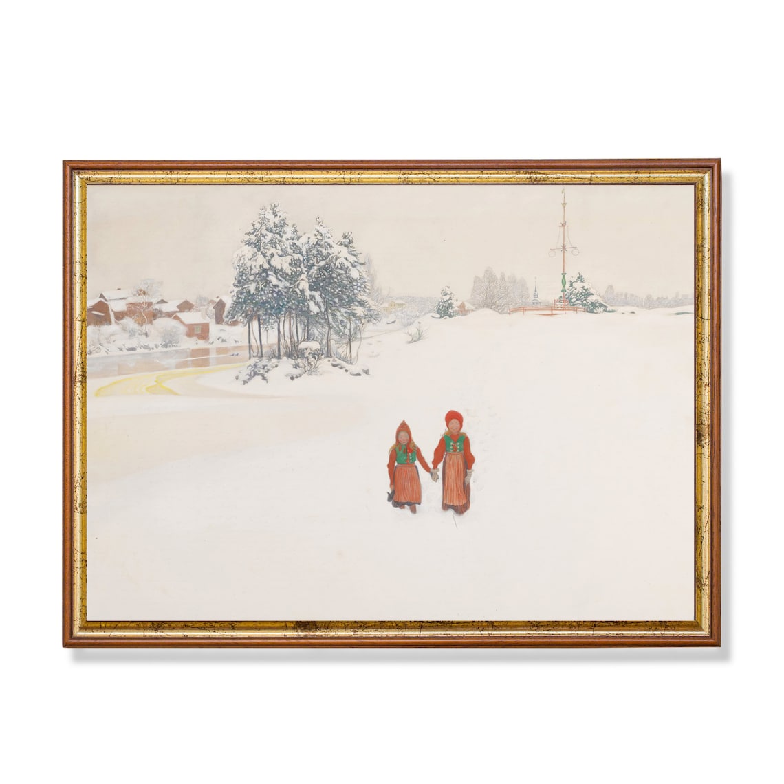 Two Children in Folk Dress Crossing a Snowy Village Winter Poster