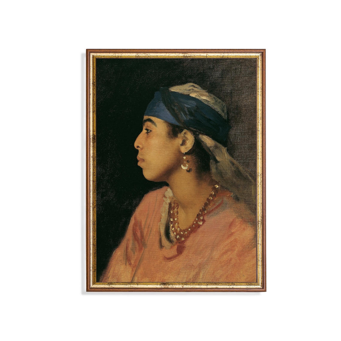 Woman In Blue Headscarf Profile Portrait Moody Classic Oil Painting Poster