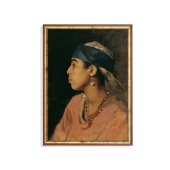 Woman In Blue Headscarf Profile Portrait Moody Classic Oil Painting Poster