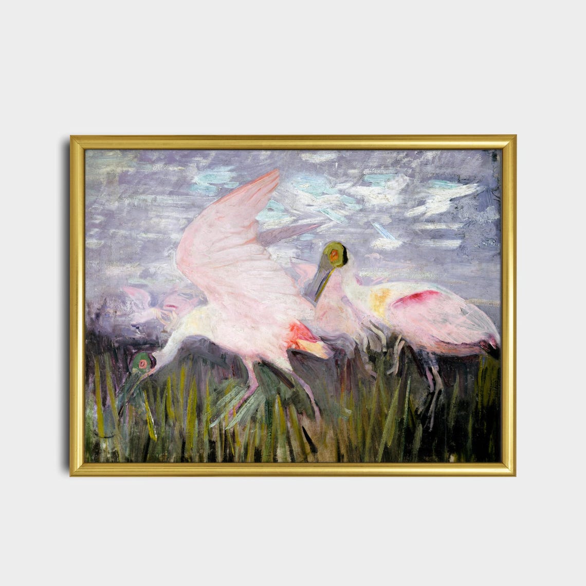 Two Roseate Spoonbills Wading in Marsh Grass Wildlife Poster - Image 2