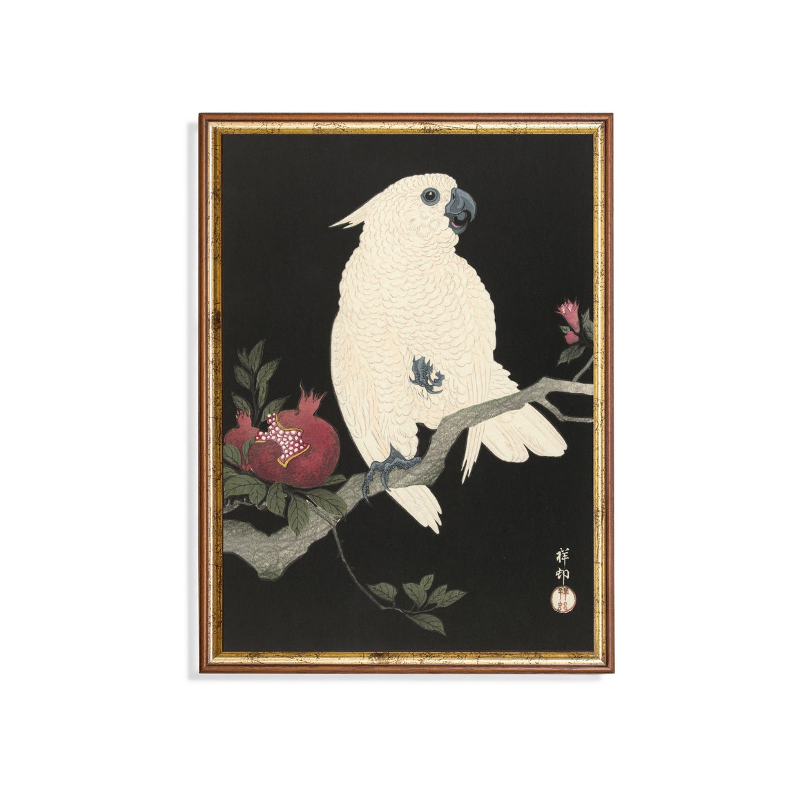 White Cockatoo With Pomegranate Japanese Woodblock Style Poster