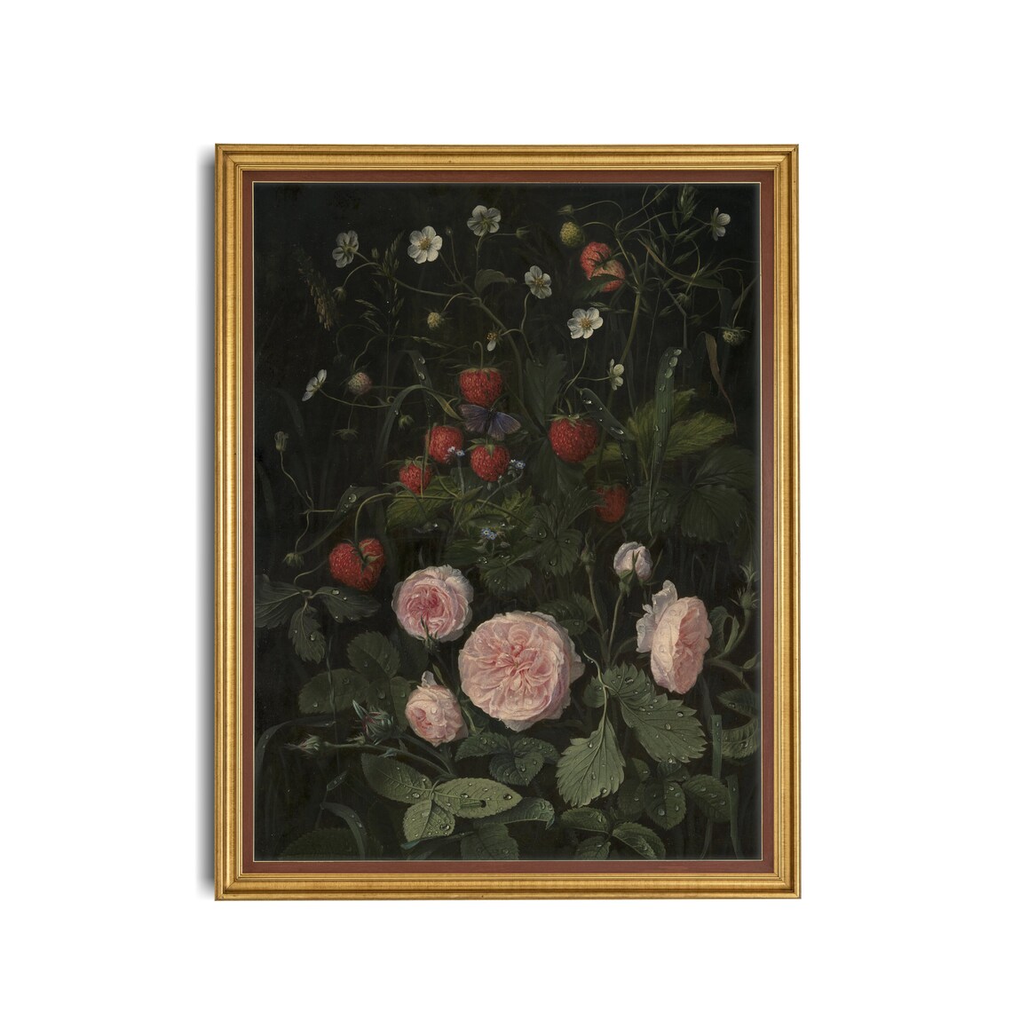 Roses and Strawberries Still Life Vintage Floral Art Print - Image 3