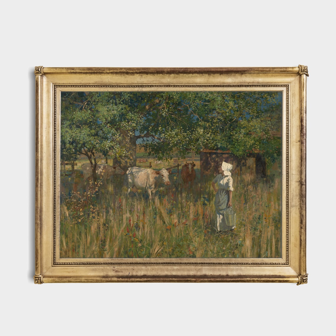Vintage Milkmaid With Cows Painting Country Farm Meadow Wall Art - Image 3