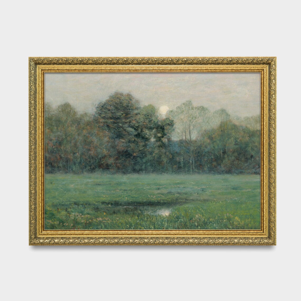 Misty Dawn Meadow Pond Treeline Soft Pastel Vintage Landscape Poster - Image 3