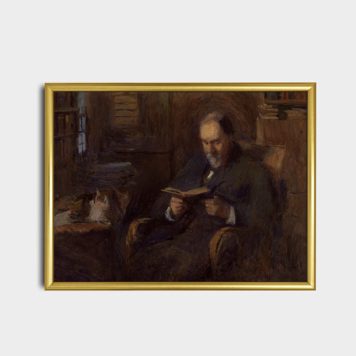 Elderly Scholar Reading by Lamplight in a Dark Library Poster - Image 2