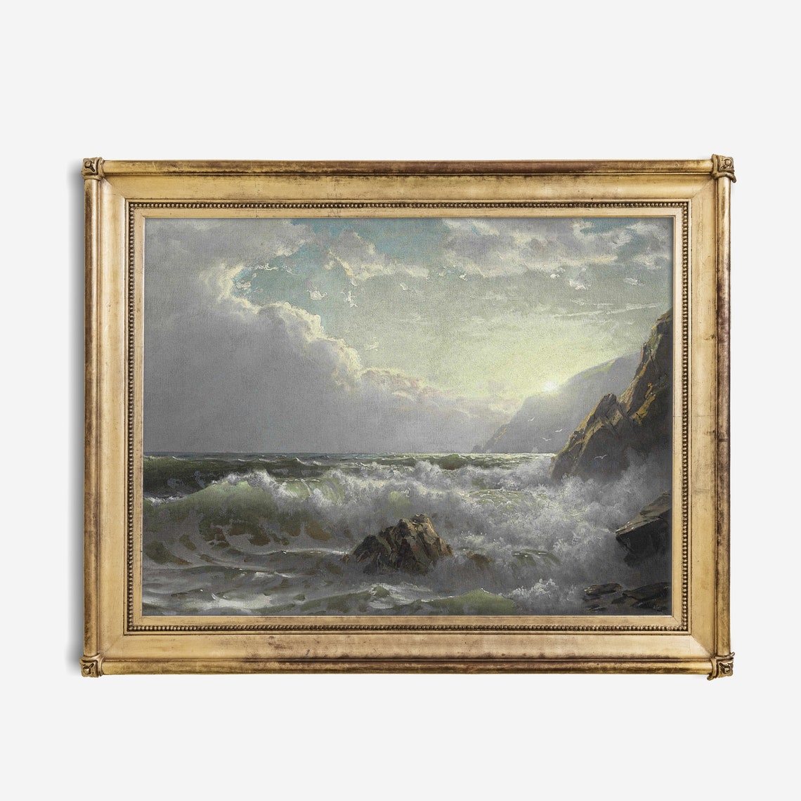 Sunlight Breaking Through Storm Clouds over Raging Waves Poster - Image 2