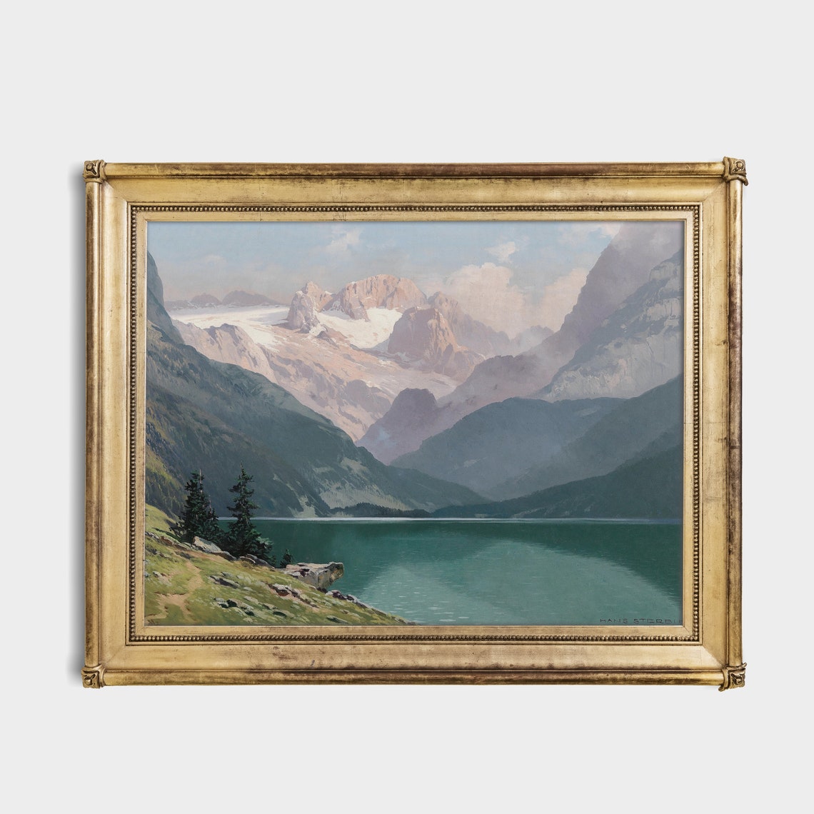 Alpine Mountain Lake Painting Signed Vintage Landscape Wall Art - Image 3