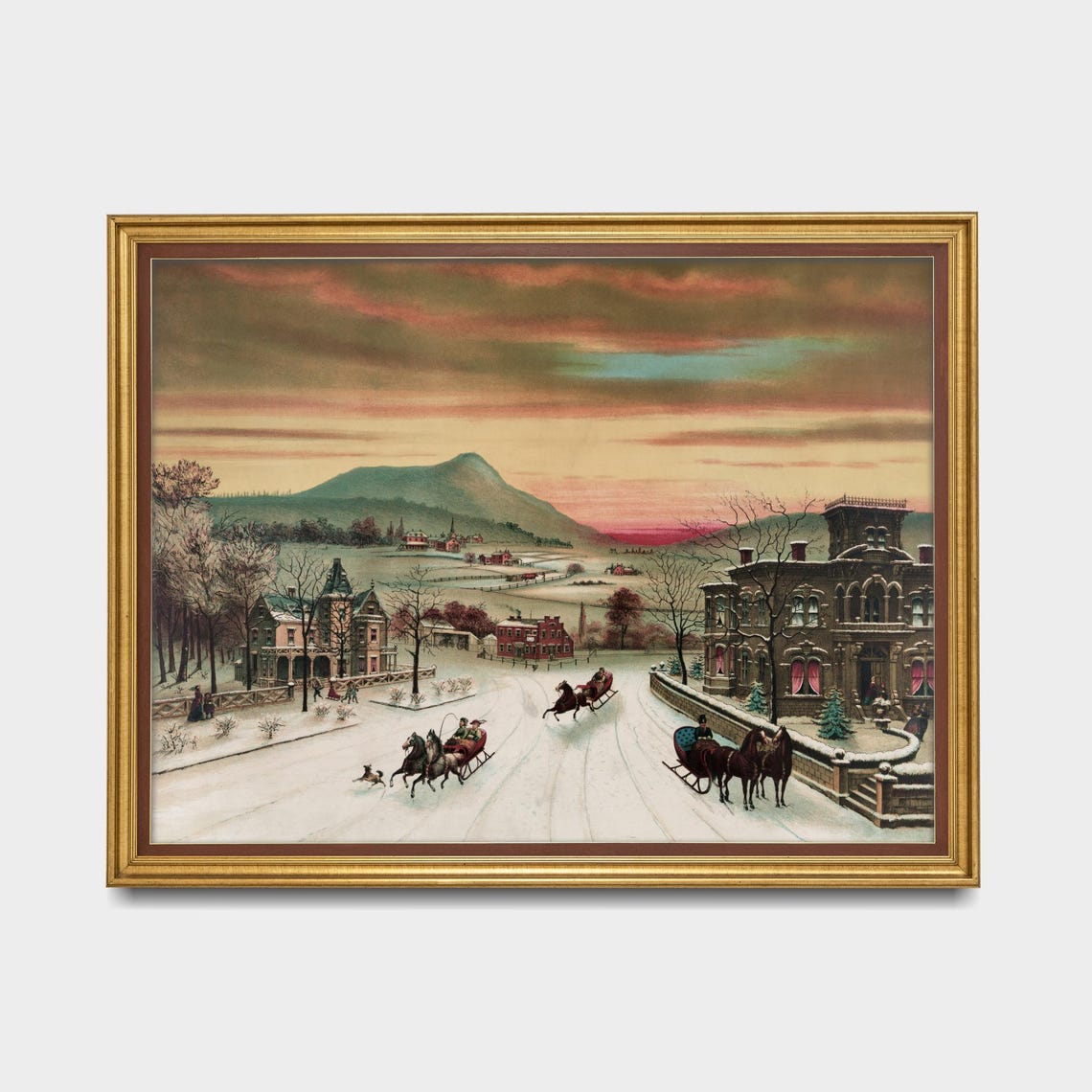 Sunset Winter Sleigh Ride Town Vintage Chromolithograph Poster - Image 5