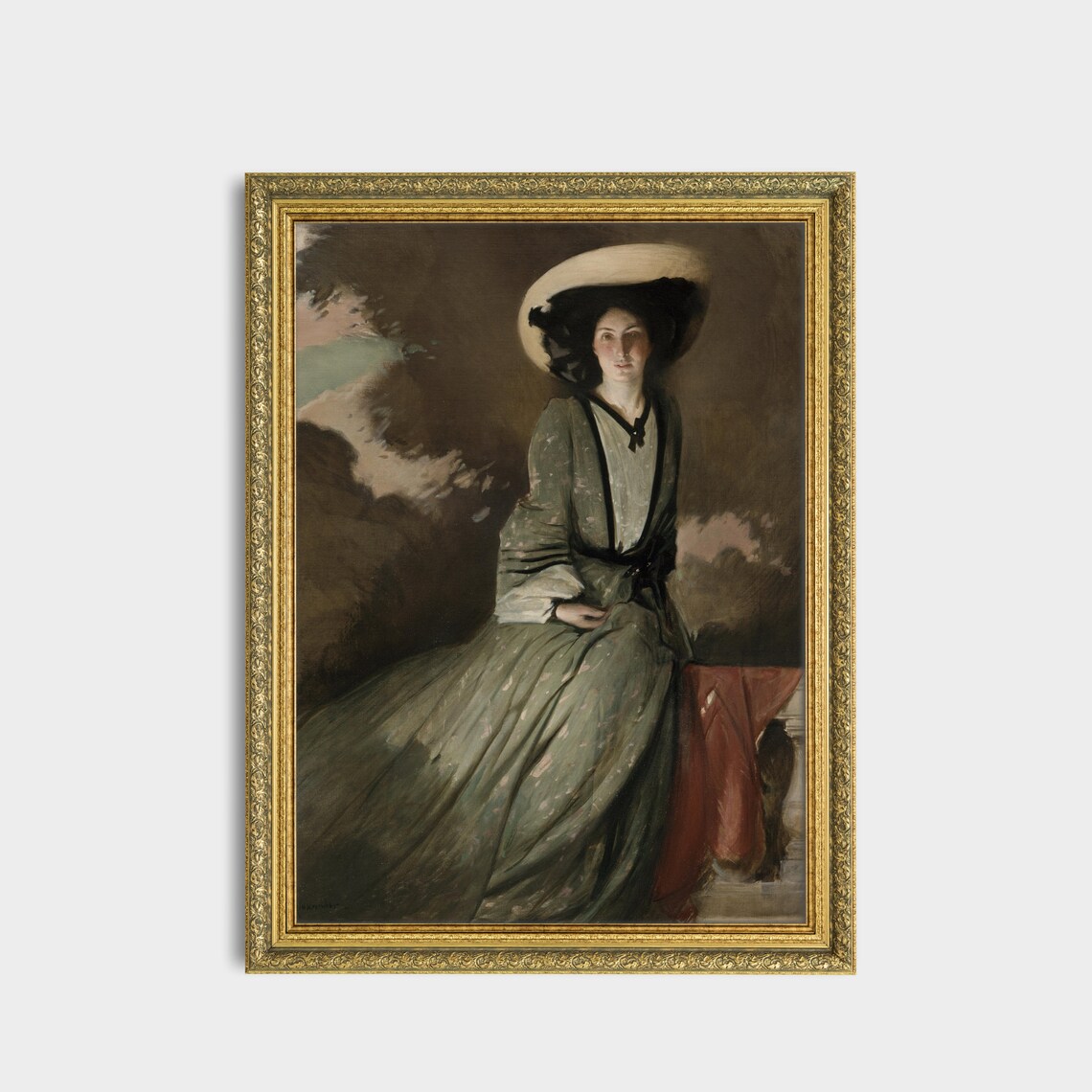 Vintage Woman in Hat Portrait Green Gown Antique Elegant Wall Art - Image 2