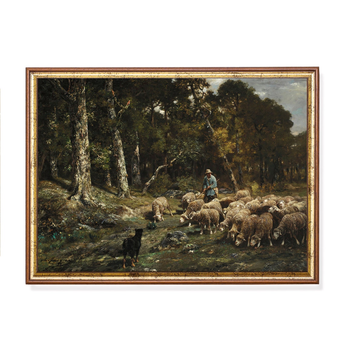 Sheep Painting Vintage Landscape Print Shepherd With Flock Of Sheep Moody Rustic Artwork Wall Art