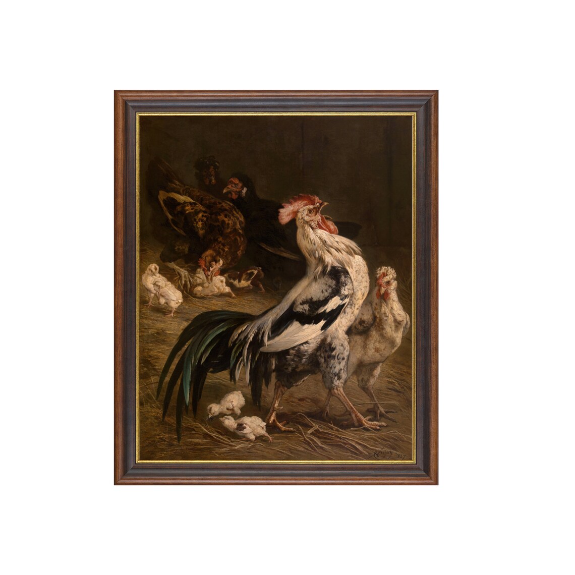 Antique Rooster Hens Chicks Barn Farmyard Vintage Oil Painting Poster