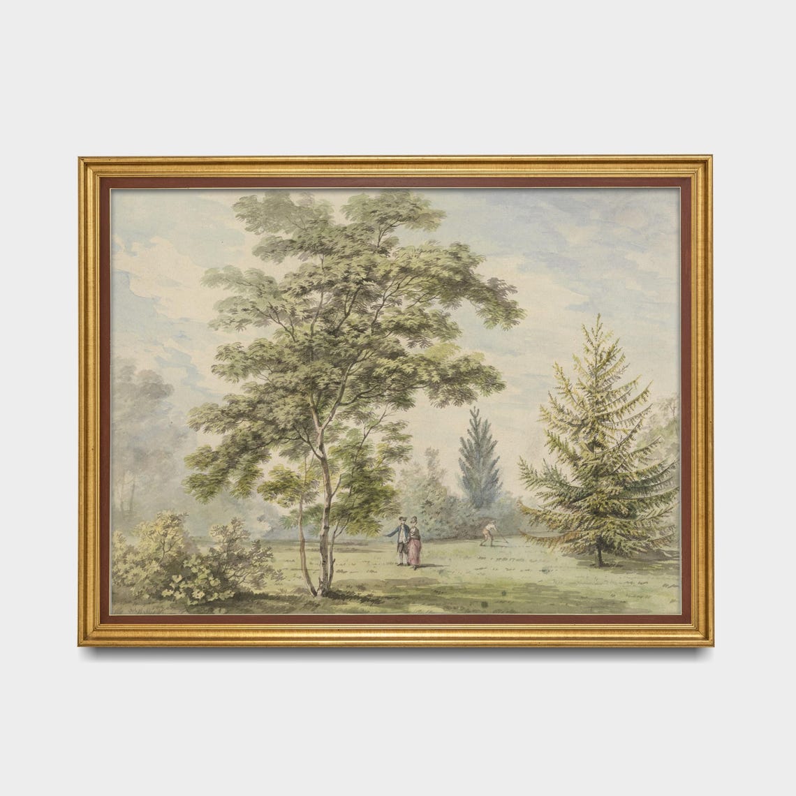18th Century Park Strolling Couple Among Trees Watercolor Poster - Image 5